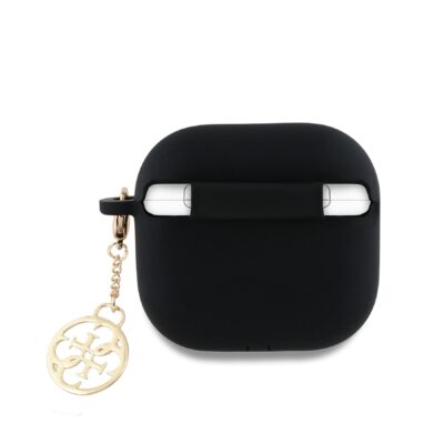 Juodas silikono dėklas Airpods 4 su aukso spalvos Guess 4G Charm pakabuku