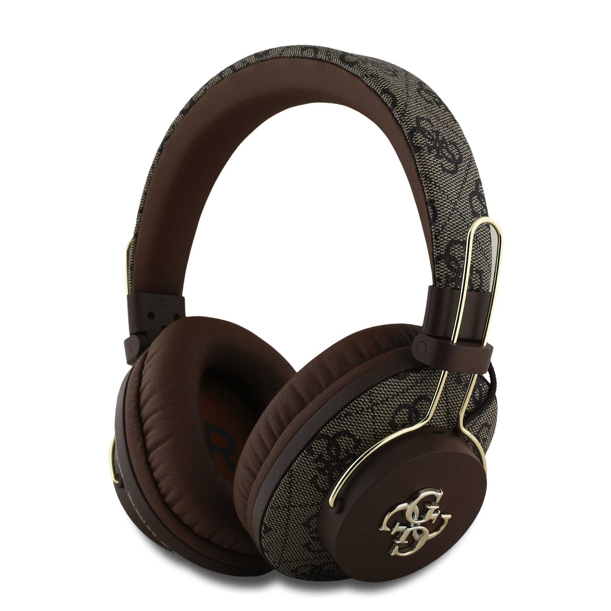 Rudos Guess PU 4G Metal Logo ENC Wireless Headphone Rudos Guess PU 4G Metal Logo ENC bevieles ausines su tamsiai rudos spalvos odinemis ausinemis ir auksiniu metaliniu akcentu logotipu