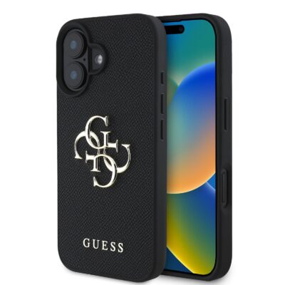 Juodas originalus dėklas Guess PU Grained 4G Metal Logo Apple iPhone 16 telefonui su metaliniu logotipu