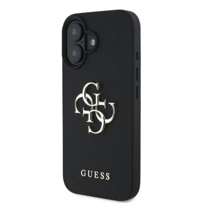 Juodas originalus dėklas Guess PU Grained 4G Metal Logo telefonui Apple iPhone 16 su tekstūruota paviršiaus oda ir metaliniu logotipu