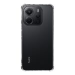 Skaidrus dėklas Tactical TPU Plyo telefonui Xiaomi Redmi Note 14 4G matomas ant juodo telefono su trim kamerų lęšiais