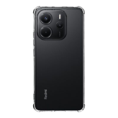 Skaidrus dėklas Tactical TPU Plyo telefonui Xiaomi Redmi Note 14 4G matomas ant juodo telefono su trim kamerų lęšiais