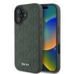 Žalias dėklas telefonui Apple Iphone 16 su DKNY PU odos raštu ir magsefu