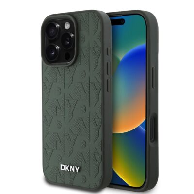 Žalias dėklas telefonui Apple iPhone 16 Pro DKNY PU Leather Grid Pattern Magsafe su reljefiniu raštu
