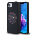 Tamsiai mėlynas dėklas Apple Iphone 16E su Red Bull PU odos raudonu žiedu ir MagSafe