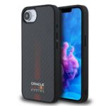 Juodas dėklas Apple Iphone 16E Red Bull Carbon Powerbar MagSafe su raudonais akcentais ir anglies pluošto tekstūra