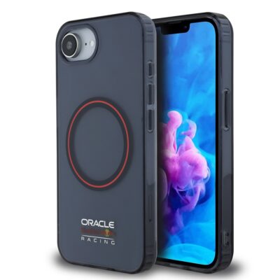 Tamsiai mėlynas dėklas Apple Iphone 16E su raudonu žiedu MagSafe ir Oracle Red Bull Racing logotipu
