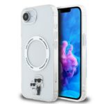 Skaidrus originalus dėklas Karl Lagerfeld IML Karl and Choupette MagSafe telefonui Apple iPhone 16E su figūrėlėmis ir magnetiniu žiedu