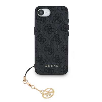 Pilkas originalus deklas Guess 4G Charm telefonui Apple Iphone 16E su raistu ir auksine pakabuke