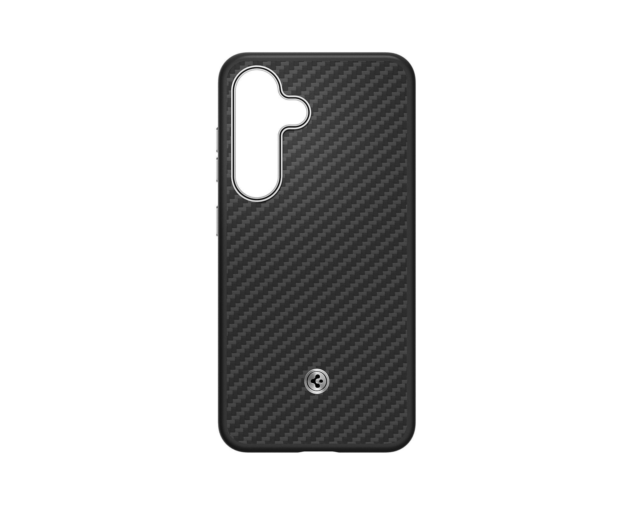 Juodas-sidabrinis dėklas telefonui Samsung Galaxy S25 Spigen Enzo Aramid Magnetic Juodas ir sidabrinis dėklas telefonui Samsung Galaxy S25 su anglies pluošto raštu ir magnetiniu užsegimu