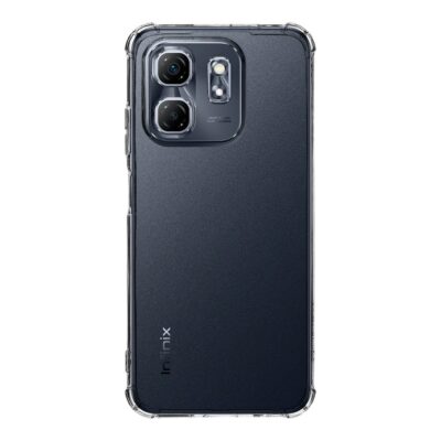 Skaidrus dėklas Tactical TPU Plyo telefonui Infinix Hot 50i 4G ant juodo telefono su dviguba kamera