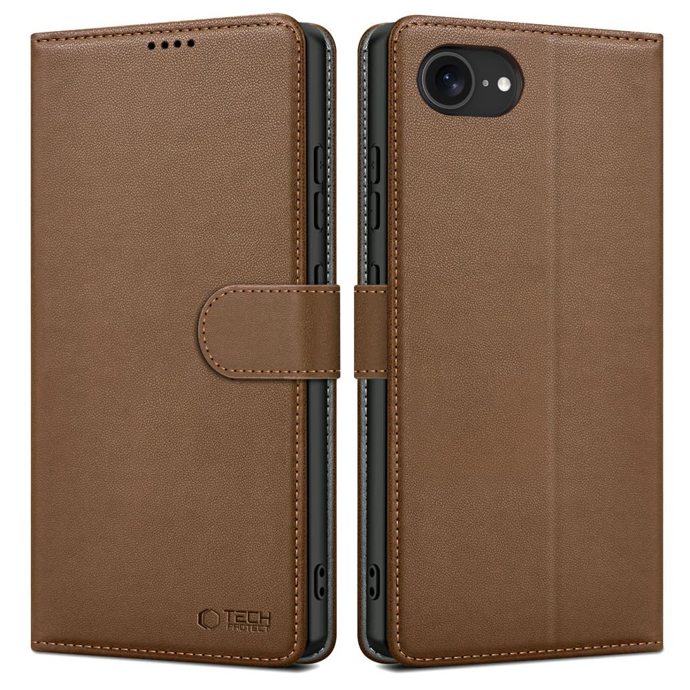 Rudas atverčiamas dėklas Apple Iphone 16E Tech-Protect Wallet Rudas atverčiamas dėklas Apple Iphone 16E Tech-Protect Wallet, matomas iš dviejų pusių