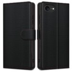 Juodas-raudonas atverčiamas dėklas Apple Iphone 16E su tekstūru ir raudonomis siūlėmis