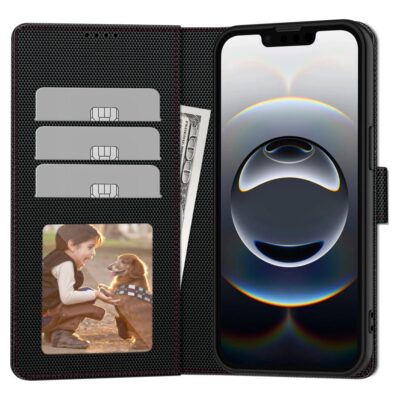 Juodas-raudonas atverčiamas dėklas Apple Iphone 16E su kortelių ir nuotraukų lizdais