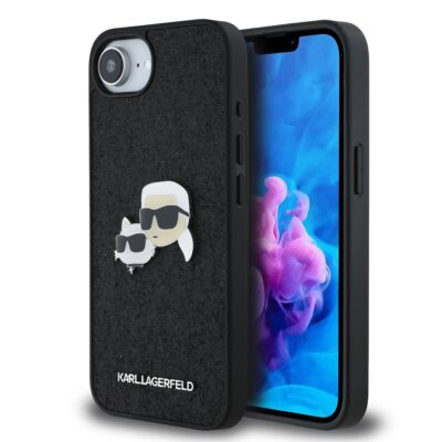 Juodas blizgantis originalus dėklas Karl Lagerfeld Fixed Glitter Metal KCH telefonui Apple iPhone 16E su figūrėle