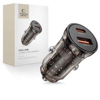 Juodas automobilinis įkroviklis TECH-PROTECT CC01 2-Port Car Charger su Type-C ir USB-A jungtimis