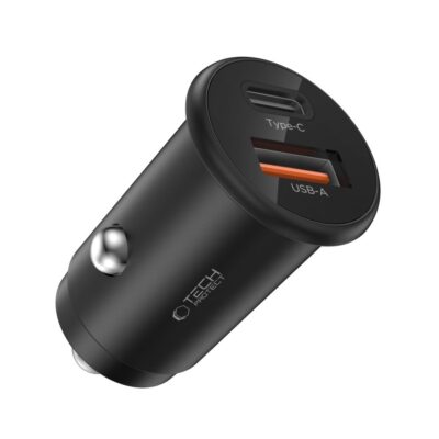 Juodas automobilinis įkroviklis TECH-PROTECT CC02 su dviem jungtimis Type-C ir USB-A