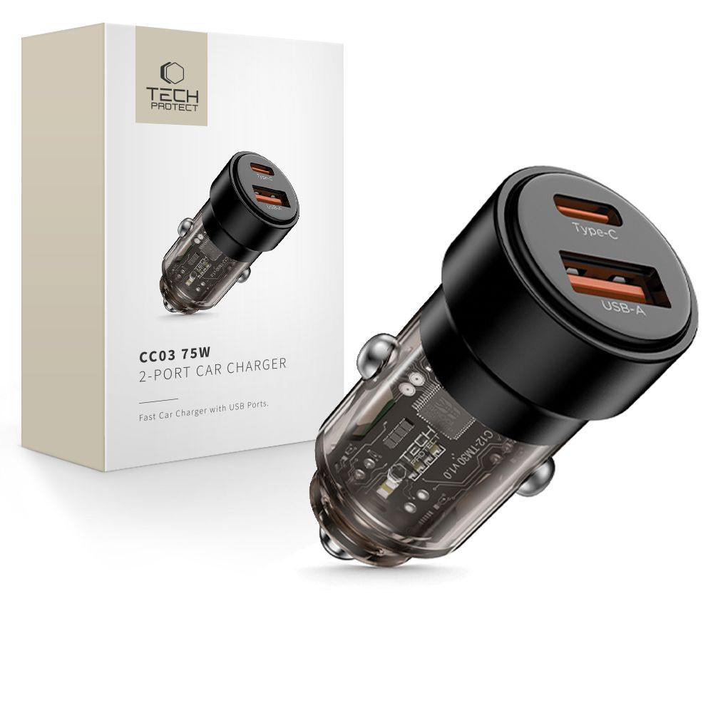 Juodas automobilinis įkroviklis TECH-PROTECT CC03 PD75W Juodas automobilinis įkroviklis TECH-PROTECT CC03 2-port car charger PD75W su USB Type-C ir USB-A jungtimis