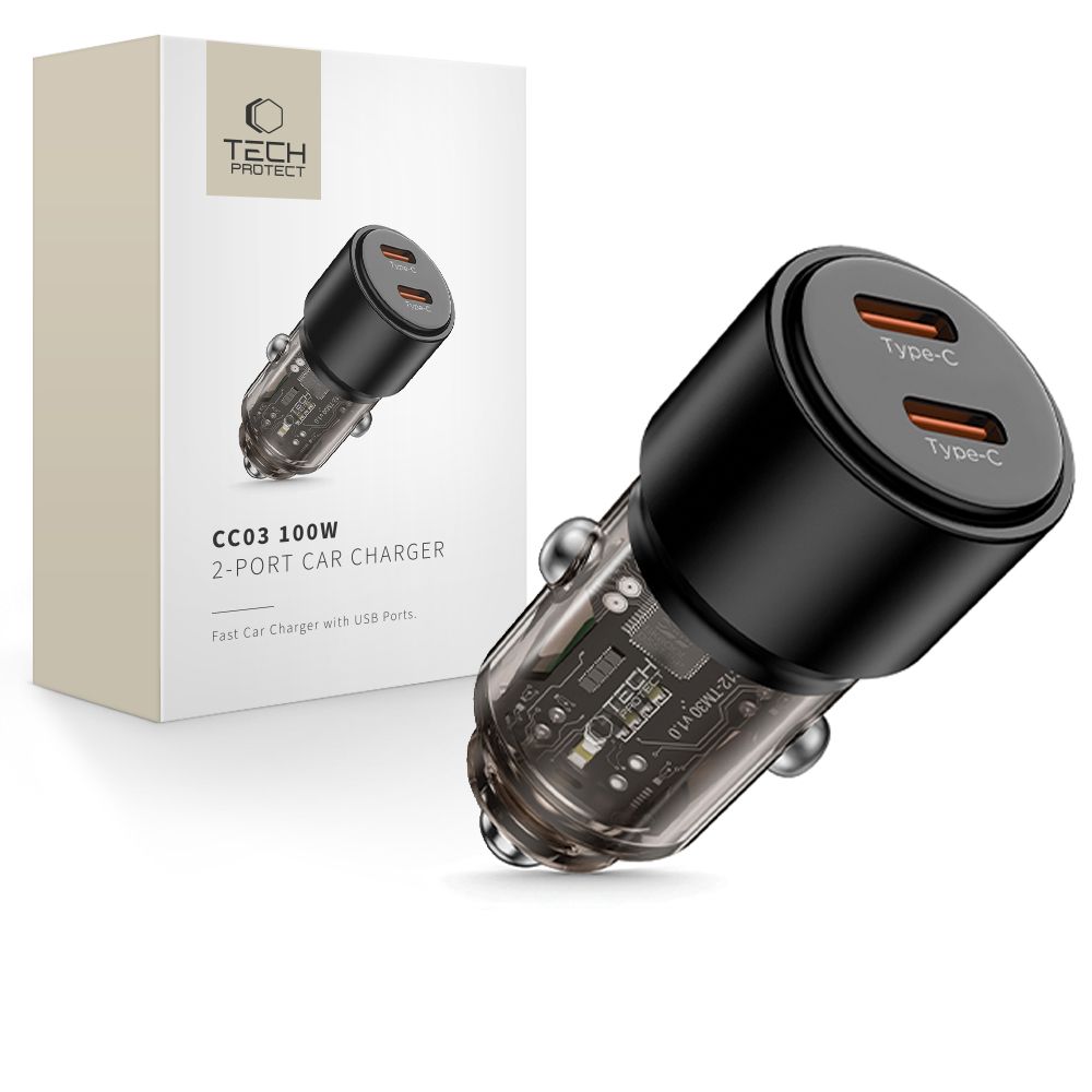 Juodas automobilinis įkroviklis TECH-PROTECT CC03 Juodas automobilinis įkroviklis TECH-PROTECT CC03 2-port car charger su Type-C jungtimis
