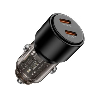 Juodas automobilinis įkroviklis TECH-PROTECT CC03 su dviem USB Type-C prievadais