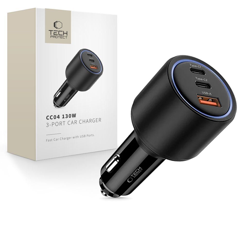 Juodas automobilinis įkroviklis TECH-PROTECT CC04 3-port Juodas automobilinis įkroviklis TECH-PROTECT CC04 su 3 USB portais ir 130W galia