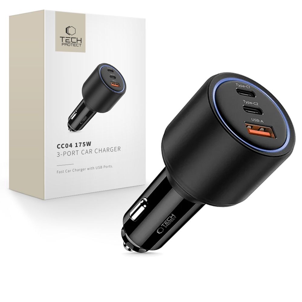 Juodas automobilinis įkroviklis TECH-PROTECT CC04 3-PORT CAR CHARGER PD175W Juodas automobilinis įkroviklis TECH-PROTECT CC04 3-PORT CAR CHARGER su dviem Type-C ir vienu USB-A lizdu