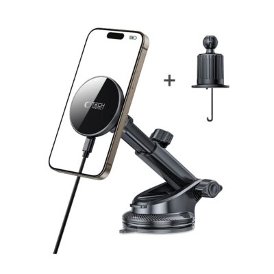 Juodas telefono laikiklis su pakrovimu TECH-PROTECT MM15W-V10 magnetinis MagSafe ant prietaisu skydelio