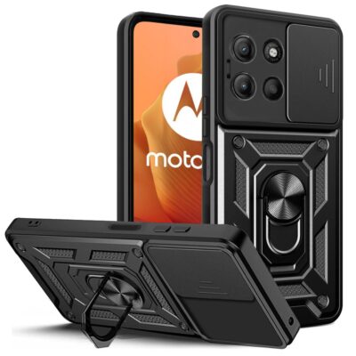 Juodas dėklas Motorola Moto G15 Tech-Protect Camshield Pro su kamera dengiančiu dangteliu ir žiedu stoveliu