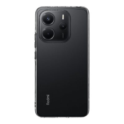Skaidrus dėklas Tactical TPU telefonui Xiaomi Redmi Note 14 4G ant juodo telefono nugarėlės
