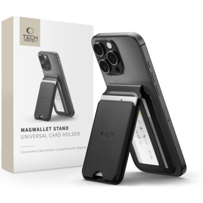 Juodas kortelių laikiklis TECH-PROTECT MAGWALLET STAND MAGSAFE UNIVERSAL ant telefono nugarėlės