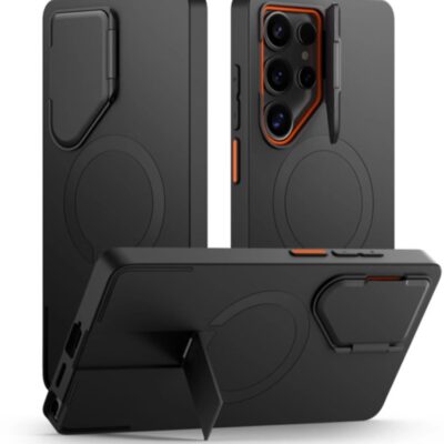 Juodas-oranžinis dėklas Samsung Galaxy S25 Ultra Tech-Protect Kevlar Aura Magsafe su atrama ir kameros apsauga