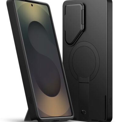 Juodas-oranžinis dėklas Samsung Galaxy S25 Ultra Tech-Protect Kevlar Aura Magsafe su stovu ir magnetinėmis dalimis