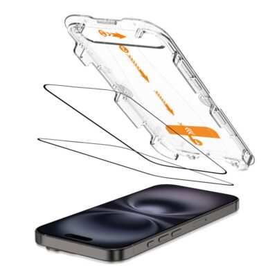 Juodas apsauginis stiklas telefonui Apple Iphone 15 16 Tech Protect Quick Set su apsaugine danga