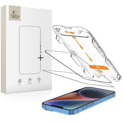 Juodas apsauginis stiklas telefonui Apple iPhone 13, 13 Pro, 14 ir 16 su Tech-Protect Quick Set sistema