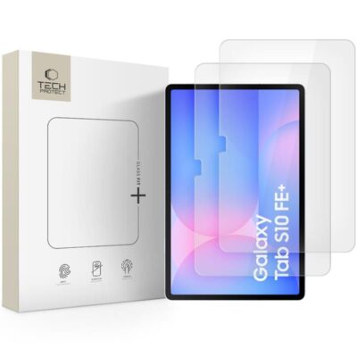 Skaidrus apsauginis ekrano stikliukas Galaxy Tab S10 FE Plus 13.1 X620 X626B TECH-PROTECT GLASS FIT 2-PACK prie planšetės ir pakuotė