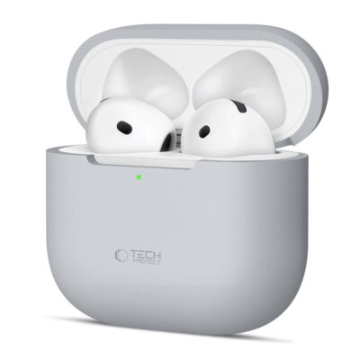 Pilkas dėklas Apple Airpods 4 Tech-Protect Silicone su baltomis belaidėmis ausinėmis