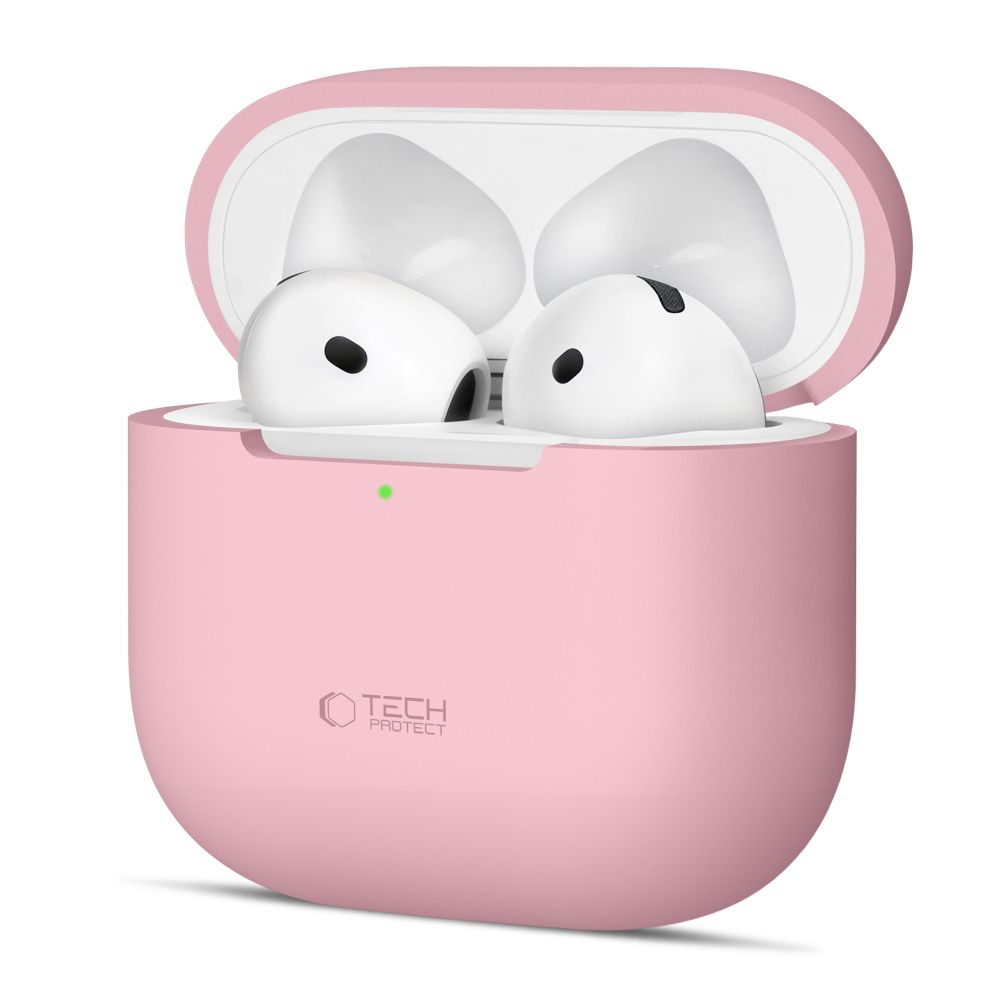Rožinis dėklas Apple Airpods 4 Tech-Protect Silicone Rožinis dėklas Apple Airpods 4 Tech-Protect Silicone su baltomis belaidėmis ausinėmis