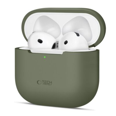Olive dėklas Apple Airpods 4 Tech-Protect Silicone silikoninis atvejis su baltomis ausinėmis