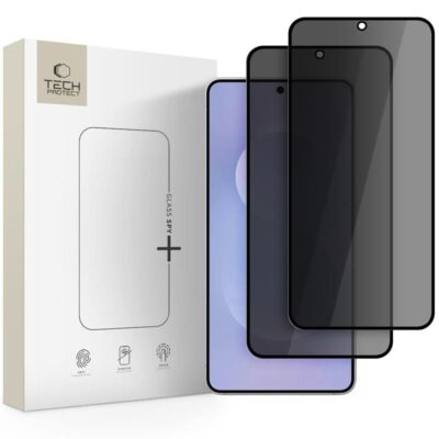 Juodas privatumo apsauginis ekrano stikliukas Samsung S25 Edge TECH-PROTECT GLASS Spy 2-PACK ant telefono