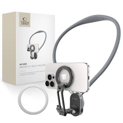 Pilkas telefono laikiklis TECH-PROTECT AC200 MAGNETIC MAGSAFE & GOPRO & DJI NECK HOLDER su magnetiniu laikikliu ir telefono pritvirtinimu