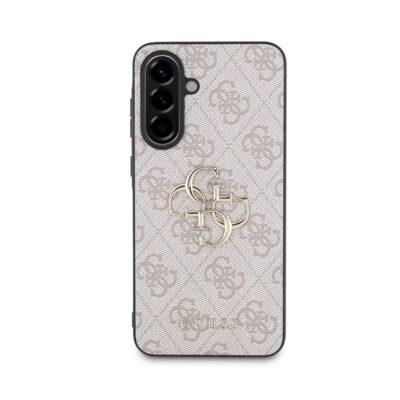 Rausvas originalus dėklas Guess PU 4G Metal Logo telefonui Samsung Galaxy A56 5G su metaliniu logotipu