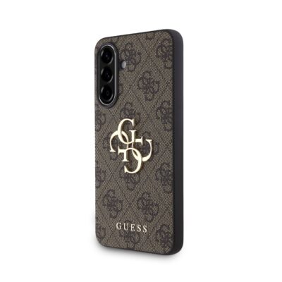 Rudas originalus dėklas Guess PU 4G Metal Logo telefonui Samsung Galaxy A36 su raštu ir metaliniu logotipu