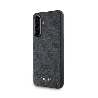 Pilkas originalus dėklas Guess 4G telefonui Samsung Galaxy A36 5G su raštuota tekstūra ir metaliniu logotipu