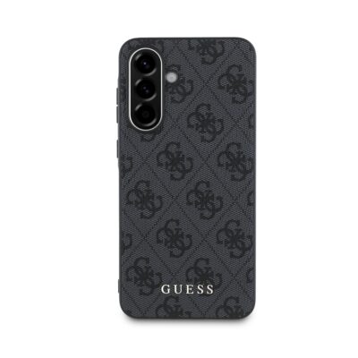 Pilkas originalus dėklas Guess 4G telefonui Samsung Galaxy A36 5G su raštu ir išraiškingu logotipu