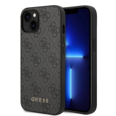 Rudas originalus dėklas Guess 4G telefonui Apple Iphone 14 su raštu ir auksiniu Guess logotipu