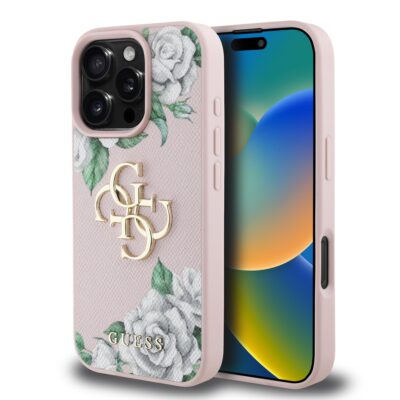 Rausvas dėklas Apple Iphone 16 Pro Guess PU Leather 4G Roses MagSafe su baltais rožių piešiniais ir auksiniu Guess logotipu