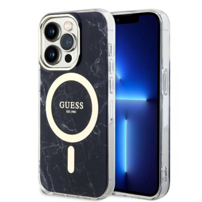 Juodas dėklas telefonui Apple Iphone 13 Pro Guess IML Marble MagSafe su marmuro raštu ir logotipu