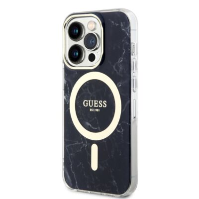 Juodas dėklas telefonui Apple Iphone 13 Pro Guess IML Marble MagSafe su marmuro raštu ir magnetiniu žiedu