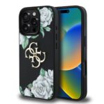 Juodas dėklas Guess PU Grained Roses 4G su metaliniu logotipu Apple iPhone 16 Pro telefonui