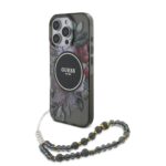 Juodas dėklas telefonui Apple Iphone 16 Pro Max Guess IML Flowers Pearl Strap MagSafe su gėlių motyvais ir karoliukų dirželiu
